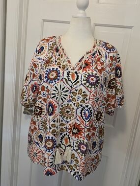 Vivilli Women's Printed Tassel V-Neck Blouse in Multi-Color Sz Large Relaxed Fit